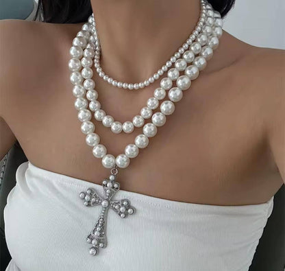 WHITE CROSS PENDANTS MULTILAYED PEARL NECKLACES