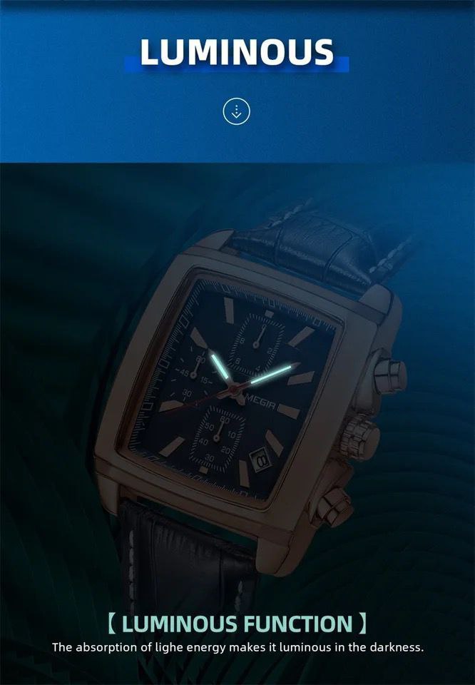 MEGIR LEATHER WATCH + BRANDED BOX DATE DISPLAY BATTERY POWERED CHRONOGRAPH MOVEMENT LUMINOUS ARMS