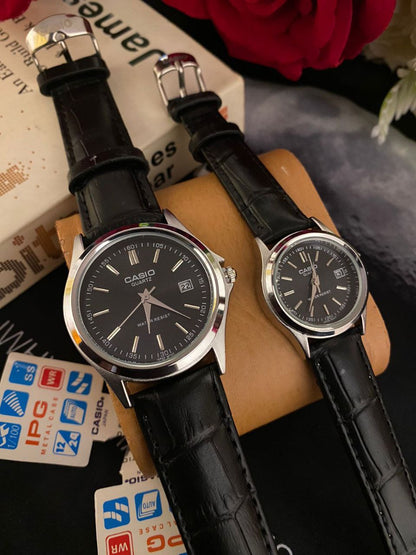 CASIO COUPLE LEATHER STRAP DATE DISPLAY WATER RESISTANT BATTERY POWERED WATER RESISTANT ,3000 A PAIR