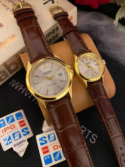CASIO COUPLE LEATHER STRAP DATE DISPLAY WATER RESISTANT BATTERY POWERED WATER RESISTANT ,3000 A PAIR