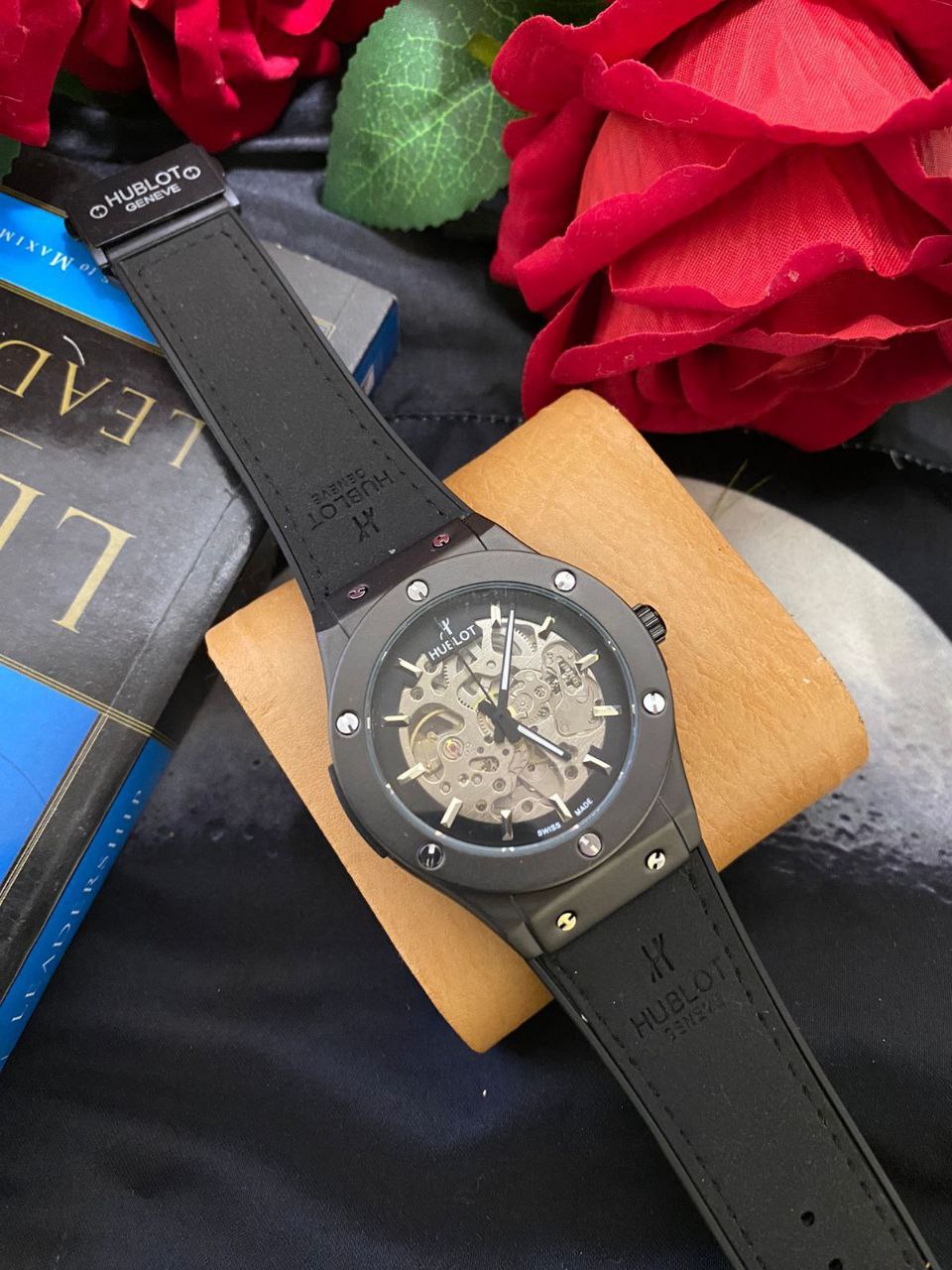 HUBLOT AUTOMATIC SKELETON WATCH AUTOMATIC MOVEMENT SKELETON DESIGN WATER RESISTANT HUBLOT BRANDED BOX