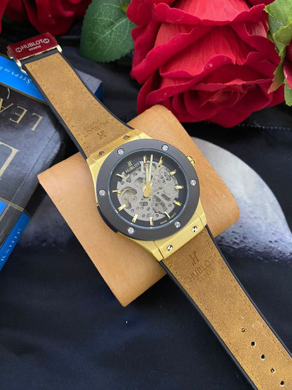 HUBLOT AUTOMATIC SKELETON WATCH AUTOMATIC MOVEMENT SKELETON DESIGN WATER RESISTANT HUBLOT BRANDED BOX