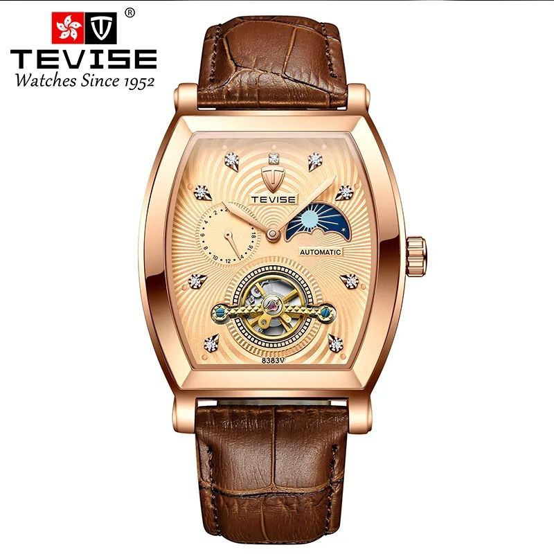 TEVISE AUTOMATIC GENTS WATCH TOURBILLON MACHINE MOON PHASE BROWN
