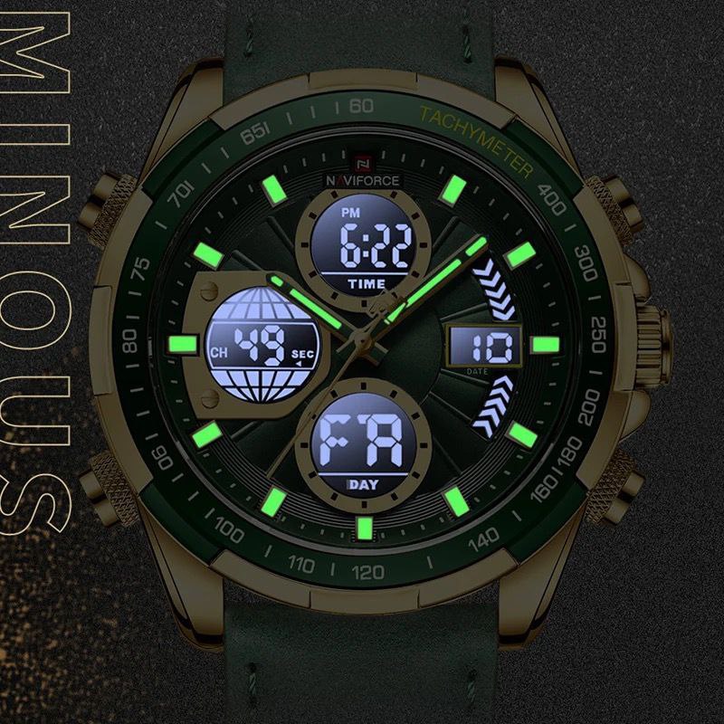 MEN NAVIFORCE NF 9197 ANALOGUE&DIGITAL DISPLAY DATE DISPLAY GREEN GOLD GREEN SILVER NAVIFORCE BRANDED BOX