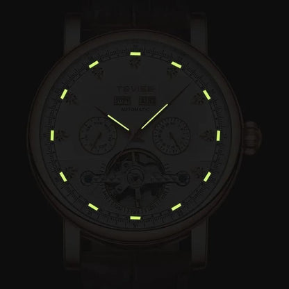 TEVISE AUTOMATIC GENTS WATCH YEAR DISPLAY MONTH DISPLAY DAY&DATE DISPLAY LUMINOUS TOURBILLON MACHINE BLACK NOW BROWN