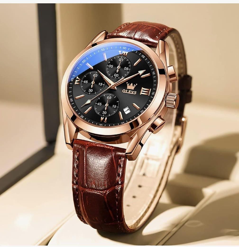 OLEVS LEATHER 2872 DATE DISPLAY WATER RESISTANT BATTERY POWERED WATER RESISTANT CHRONOGRAPH KSH 2600