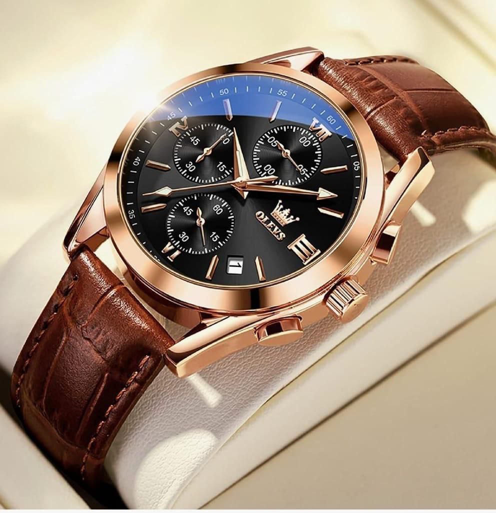 OLEVS LEATHER 2872 DATE DISPLAY WATER RESISTANT BATTERY POWERED WATER RESISTANT CHRONOGRAPH KSH 2600