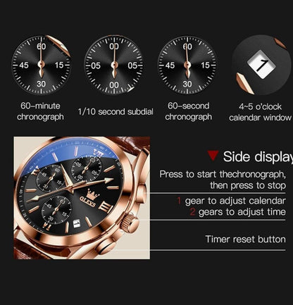 OLEVS LEATHER 2872 DATE DISPLAY WATER RESISTANT BATTERY POWERED WATER RESISTANT CHRONOGRAPH KSH 2600