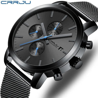CRRJU GENTS WATCH CHRONOGRAPH MOVEMENT DATE DISPLAY WATER RESISTANT BATTERY POWERED ADJUSTABLE MESH STRAP