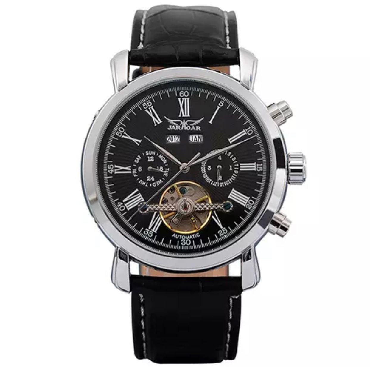 JARAGAR AUTOMATIC DAY, DATE,MONTH,YEAR DISPLAY LEATHER STRAP WATER RESISTANT COMES A GIFT BOX