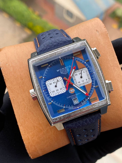 BRAND ALERT MONACO HEUR CHRONOGRAPH MEN WATCH CHRONOGRAPH MOVEMENT DATE DISPLAY NON-FADE STAINLESS STEEL FINISH WATER RESISTANT BATTERY POWERED SMOOTH SWEEPING MOVEMENT GIFT BAG