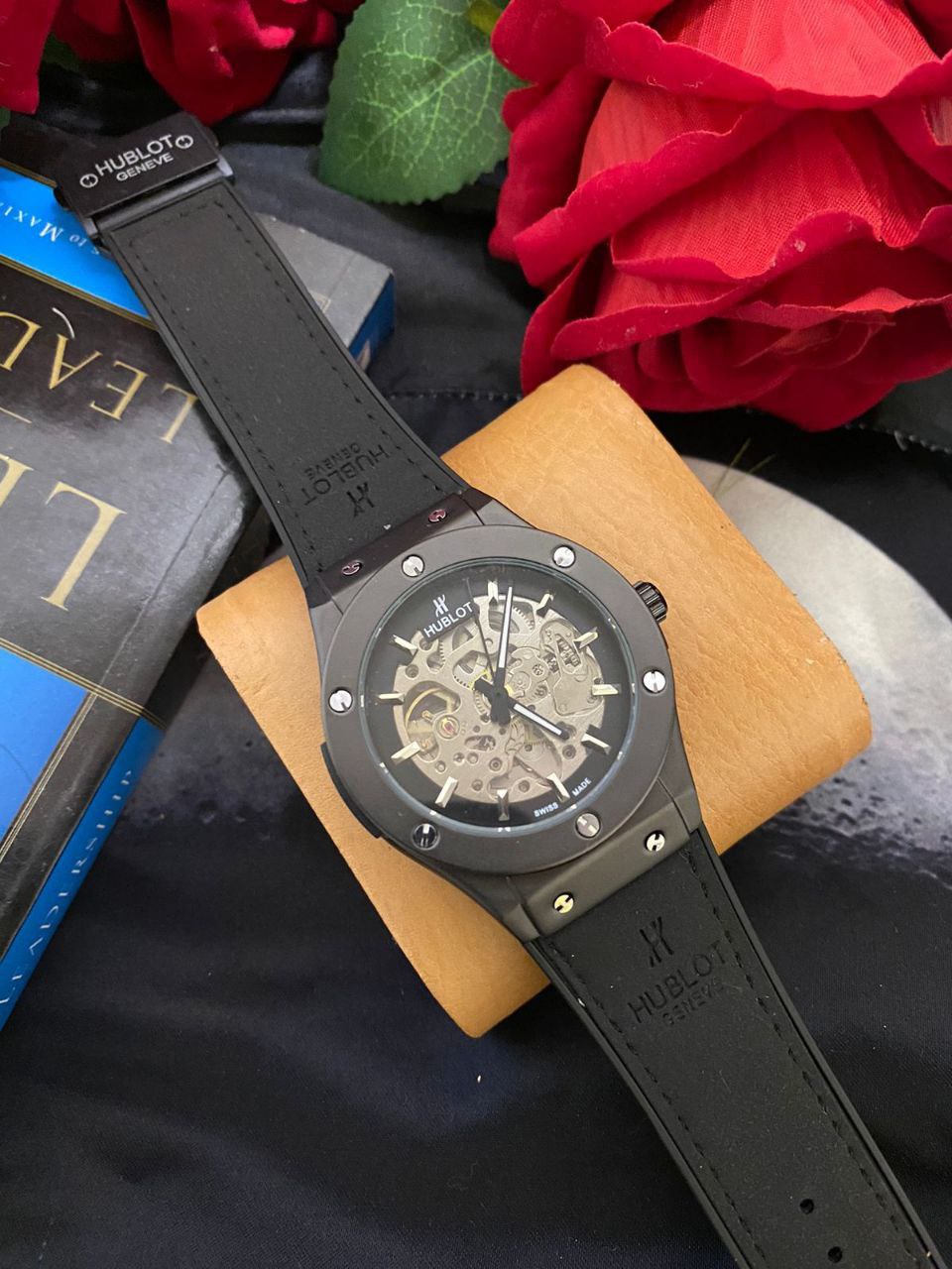 HUBLOT AUTOMATIC SKELETON WATCH AUTOMATIC MOVEMENT SKELETON DESIGN WATER RESISTANT HUBLOT BRANDED BOX