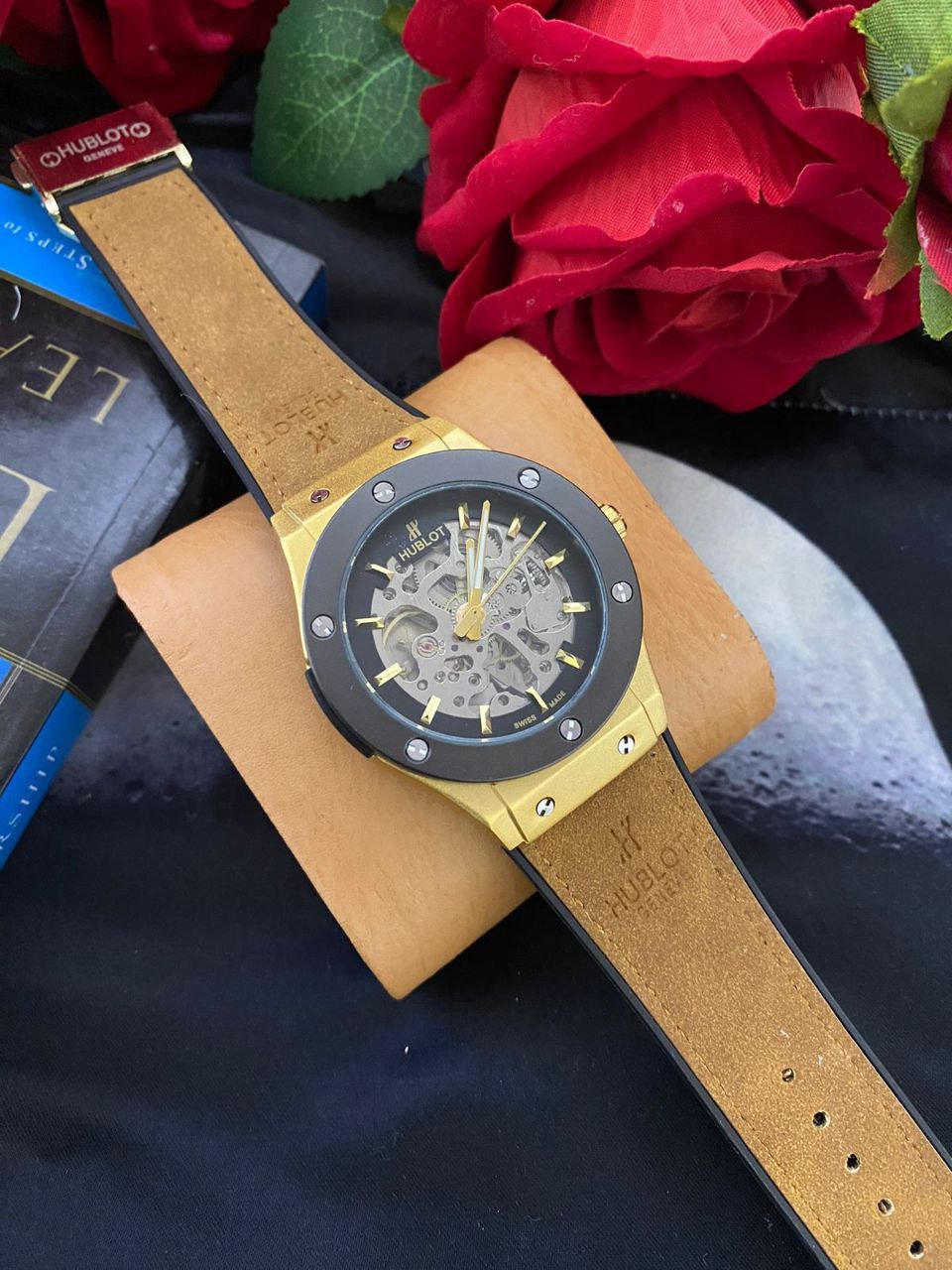 HUBLOT AUTOMATIC SKELETON WATCH AUTOMATIC MOVEMENT SKELETON DESIGN WATER RESISTANT HUBLOT BRANDED BOX