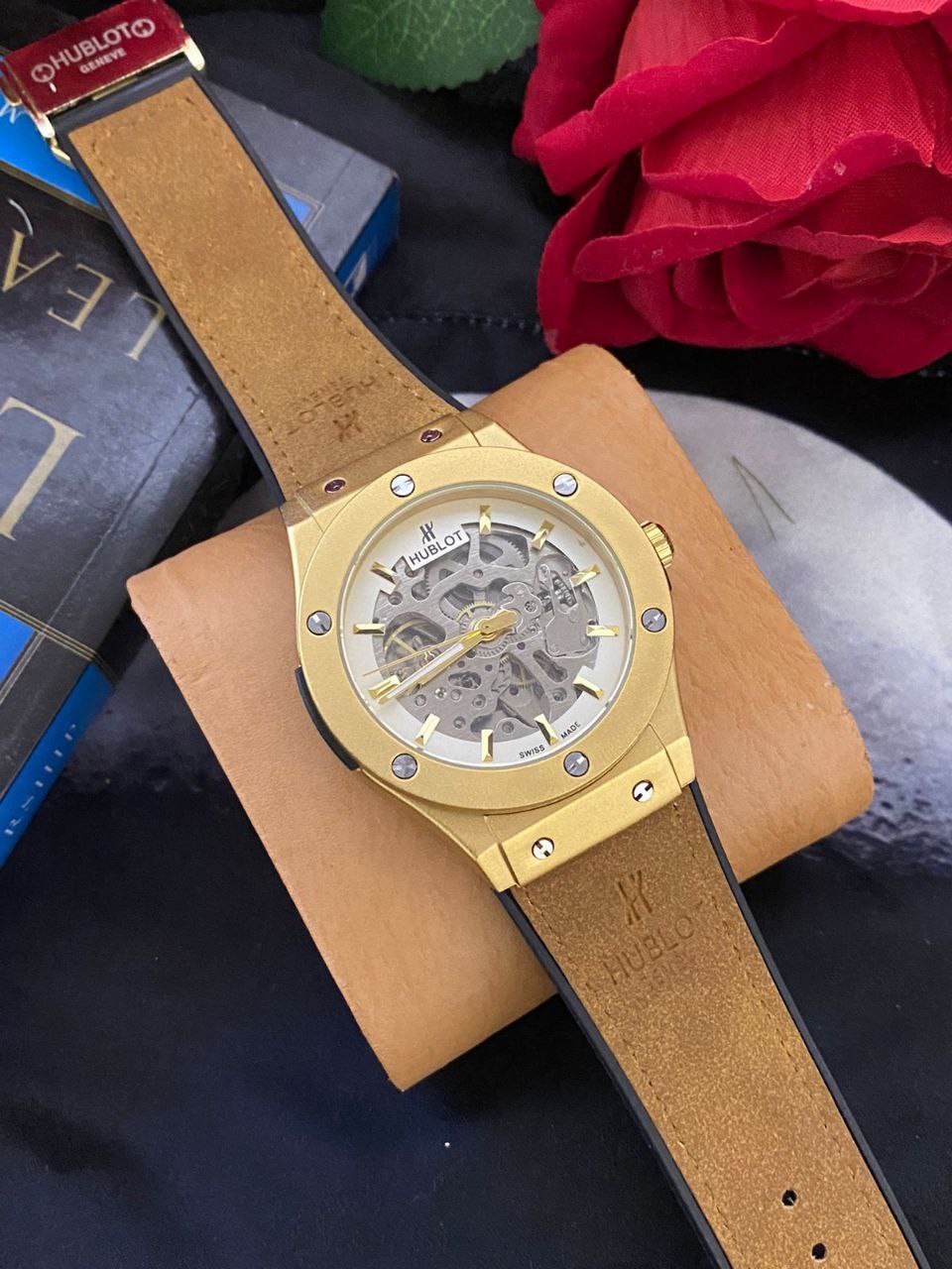 HUBLOT AUTOMATIC SKELETON WATCH AUTOMATIC MOVEMENT SKELETON DESIGN WATER RESISTANT HUBLOT BRANDED BOX