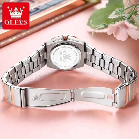 OLEVS LADIES WATCH STAINLESS STEEL BATTERY POWERED ICED OUT DESIGN OLEVS BRANDED BOX GIFT BAG