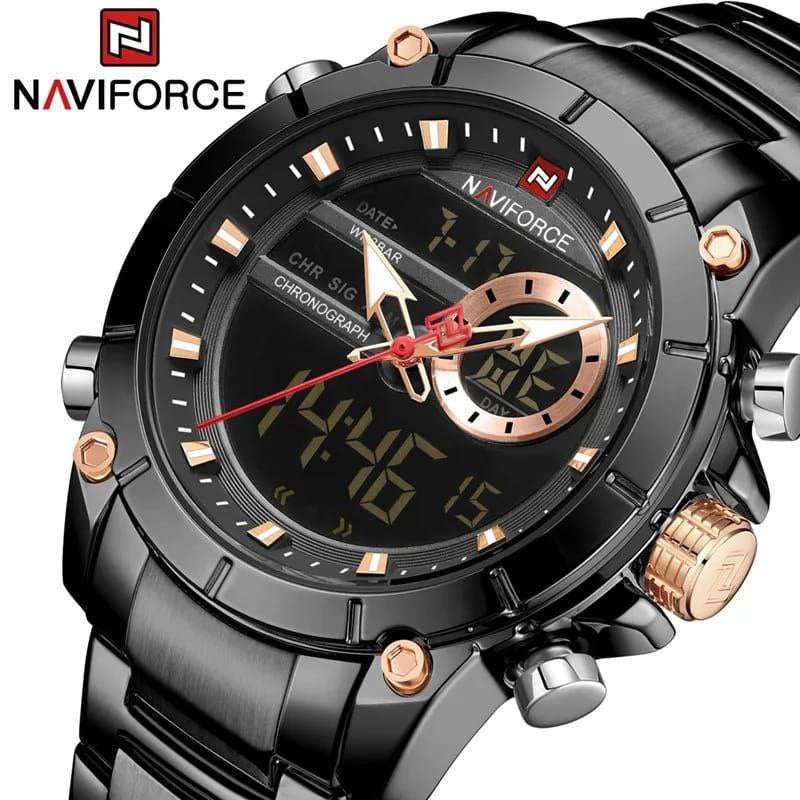 NAVIFORCE GENTS WATCH #NF 9163 ANALOGUE & DIGITAL DISPLAY LIGHT BUTTON WATER RESISTANT BATTERY POWERED GOLD BLACK BLUE NAVIFORCE BRANDED BOX