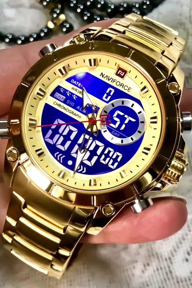 NAVIFORCE GENTS WATCH #NF 9163 ANALOGUE & DIGITAL DISPLAY LIGHT BUTTON WATER RESISTANT BATTERY POWERED GOLD BLACK BLUE NAVIFORCE BRANDED BOX