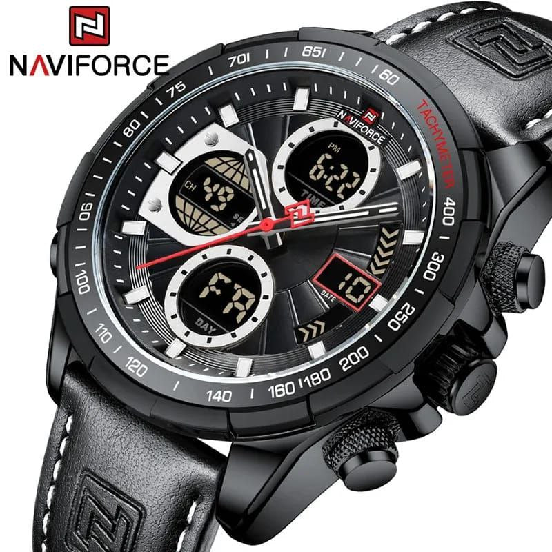NAVIFORCE GENTS WATCH #NF 9197 ANALOGUE & DIGITAL DISPLAY LIGHT BUTTON WATER RESISTANT BATTERY POWERED BLUE BLACK DARK BROWN GREEN GOLD GREEN SILVER NAVIFORCE BRANDED BOX