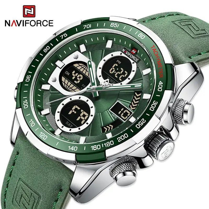 NAVIFORCE GENTS WATCH #NF 9197 ANALOGUE & DIGITAL DISPLAY LIGHT BUTTON WATER RESISTANT BATTERY POWERED BLUE BLACK DARK BROWN GREEN GOLD GREEN SILVER NAVIFORCE BRANDED BOX