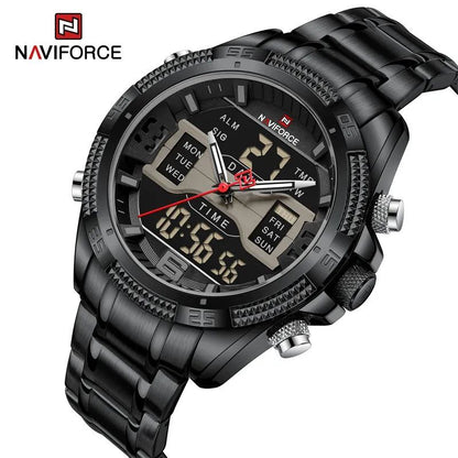 NAVIFORCE GENTS WATCH #NF 9201 ANALOGUE & DIGITAL DISPLAY LIGHT BUTTON WATER RESISTANT BATTERY POWERED BLACK BLUE NAVIFORCE BRANDED BOX ENQUIRIES