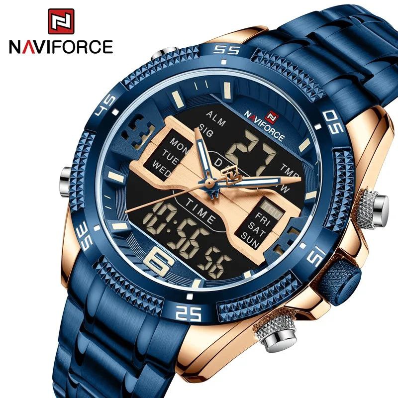 NAVIFORCE GENTS WATCH #NF 9201 ANALOGUE & DIGITAL DISPLAY LIGHT BUTTON WATER RESISTANT BATTERY POWERED BLACK BLUE NAVIFORCE BRANDED BOX ENQUIRIES
