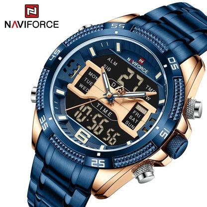 NAVIFORCE GENTS WATCH #NF 9201 ANALOGUE & DIGITAL DISPLAY LIGHT BUTTON WATER RESISTANT BATTERY POWERED BLACK BLUE NAVIFORCE BRANDED BOX ENQUIRIES