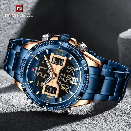 NAVIFORCE GENTS WATCH #NF 9201 ANALOGUE & DIGITAL DISPLAY LIGHT BUTTON WATER RESISTANT BATTERY POWERED BLACK BLUE NAVIFORCE BRANDED BOX ENQUIRIES