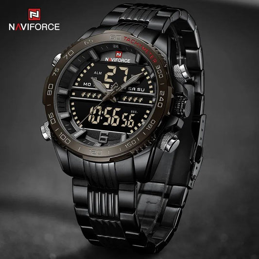 NAVIFORCE GENTS WATCH #NF 9195 ANALOGUE & DIGITAL DISPLAY LIGHT BUTTON WATER RESISTANT BATTERY POWERED BLACK GOLD SILVER-BLUE NAVIFORCE BRANDED BOX ENQUIRIES
