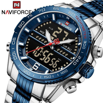 NAVIFORCE GENTS WATCH #NF 9195 ANALOGUE & DIGITAL DISPLAY LIGHT BUTTON WATER RESISTANT BATTERY POWERED BLACK GOLD SILVER-BLUE NAVIFORCE BRANDED BOX ENQUIRIES