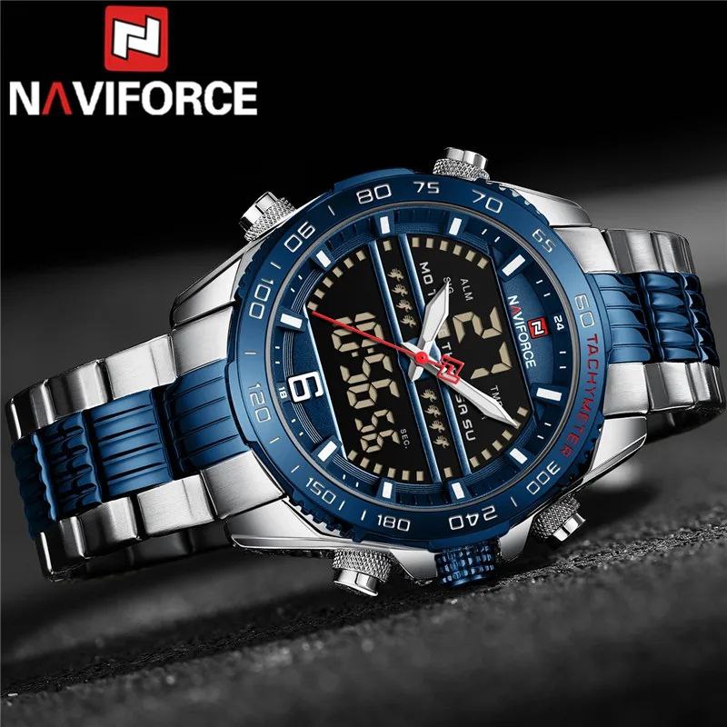 NAVIFORCE GENTS WATCH #NF 9195 ANALOGUE & DIGITAL DISPLAY LIGHT BUTTON WATER RESISTANT BATTERY POWERED BLACK GOLD SILVER-BLUE NAVIFORCE BRANDED BOX ENQUIRIES