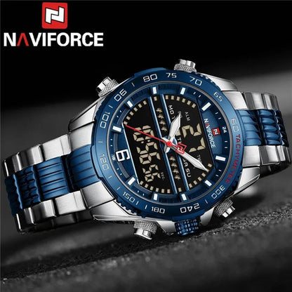 NAVIFORCE GENTS WATCH #NF 9195 ANALOGUE & DIGITAL DISPLAY LIGHT BUTTON WATER RESISTANT BATTERY POWERED BLACK GOLD SILVER-BLUE NAVIFORCE BRANDED BOX ENQUIRIES