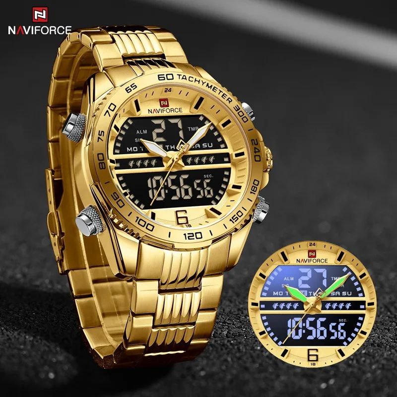NAVIFORCE GENTS WATCH #NF 9195 ANALOGUE & DIGITAL DISPLAY LIGHT BUTTON WATER RESISTANT BATTERY POWERED BLACK GOLD SILVER-BLUE NAVIFORCE BRANDED BOX ENQUIRIES