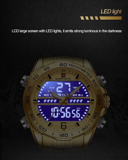 NAVIFORCE GENTS WATCH #NF 9195 ANALOGUE & DIGITAL DISPLAY LIGHT BUTTON WATER RESISTANT BATTERY POWERED BLACK GOLD SILVER-BLUE NAVIFORCE BRANDED BOX ENQUIRIES