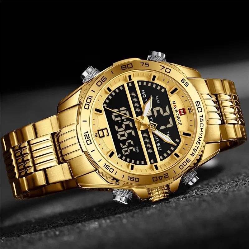 NAVIFORCE GENTS WATCH #NF 9195 ANALOGUE & DIGITAL DISPLAY LIGHT BUTTON WATER RESISTANT BATTERY POWERED BLACK GOLD SILVER-BLUE NAVIFORCE BRANDED BOX ENQUIRIES