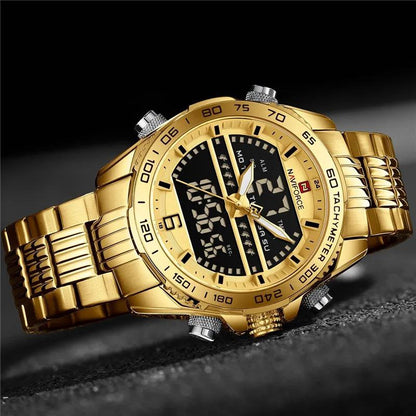 NAVIFORCE GENTS WATCH #NF 9195 ANALOGUE & DIGITAL DISPLAY LIGHT BUTTON WATER RESISTANT BATTERY POWERED BLACK GOLD SILVER-BLUE NAVIFORCE BRANDED BOX ENQUIRIES