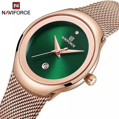 NAVIFORCE LADIES #NF 5004 DATE DISPLAY WATER RESISTANT ADJUSTABLE MESH STRAP ROSE BLUE ROSE GREEN BLACK NAVIFORCE BRANDED BOX ENQUIRIES