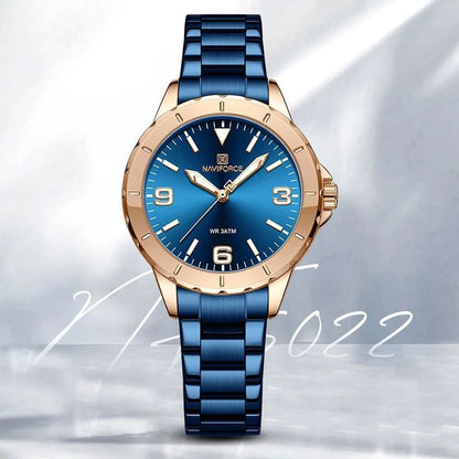 NAVIFORCE LADIES #NF 5022 DATE DISPLAY WATER RESISTANT 50 ATM STAINLESS STEEL LUMINOUS FUNCTION BLUE ROSE GOLD BLACK GOLD-GREEN SILVER NAVIFORCE BRANDED BOX ENQUIRIES