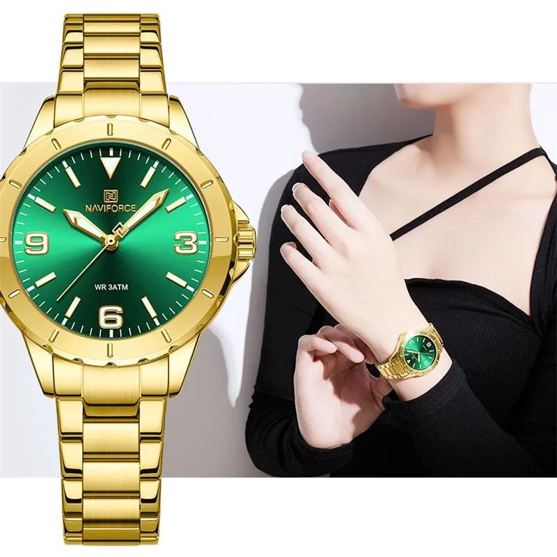 NAVIFORCE LADIES #NF 5022 DATE DISPLAY WATER RESISTANT 50 ATM STAINLESS STEEL LUMINOUS FUNCTION BLUE ROSE GOLD BLACK GOLD-GREEN SILVER NAVIFORCE BRANDED BOX ENQUIRIES