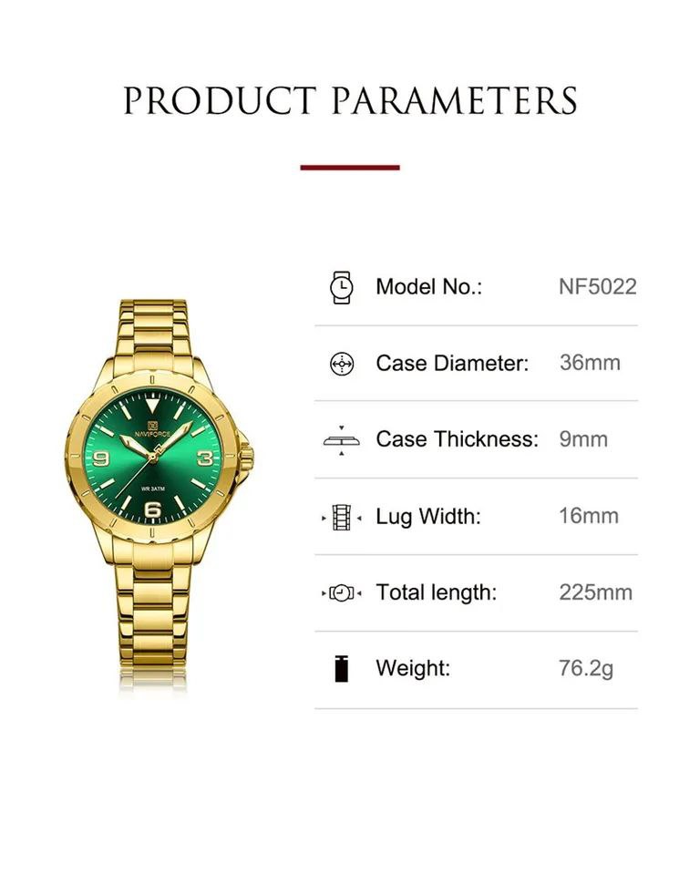 NAVIFORCE LADIES #NF 5022 DATE DISPLAY WATER RESISTANT 50 ATM STAINLESS STEEL LUMINOUS FUNCTION BLUE ROSE GOLD BLACK GOLD-GREEN SILVER NAVIFORCE BRANDED BOX ENQUIRIES