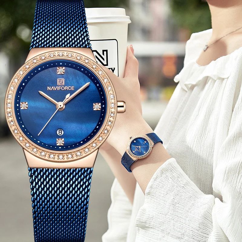 NAVIFORCE LADIES #NF 5005 DATE DISPLAY WATER RESISTANT ADJUSTABLE MESH STRAP SILVER BLUE ROSE GOLD NAVIFORCE BRANDED BOX ENQUIRIES
