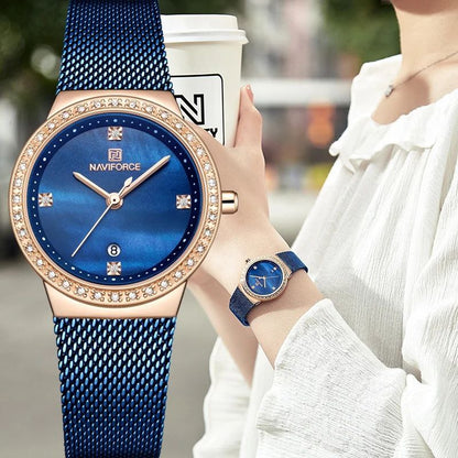 NAVIFORCE LADIES #NF 5005 DATE DISPLAY WATER RESISTANT ADJUSTABLE MESH STRAP SILVER BLUE ROSE GOLD NAVIFORCE BRANDED BOX ENQUIRIES