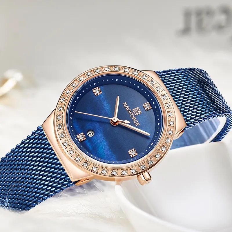 NAVIFORCE LADIES #NF 5005 DATE DISPLAY WATER RESISTANT ADJUSTABLE MESH STRAP SILVER BLUE ROSE GOLD NAVIFORCE BRANDED BOX ENQUIRIES