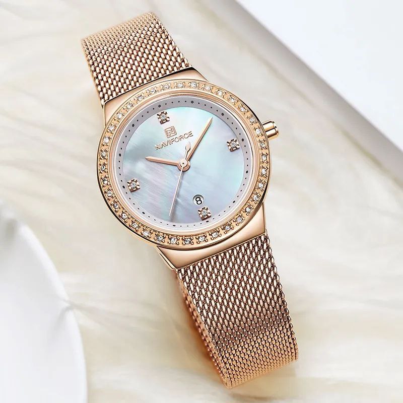 NAVIFORCE LADIES #NF 5005 DATE DISPLAY WATER RESISTANT ADJUSTABLE MESH STRAP SILVER BLUE ROSE GOLD NAVIFORCE BRANDED BOX ENQUIRIES
