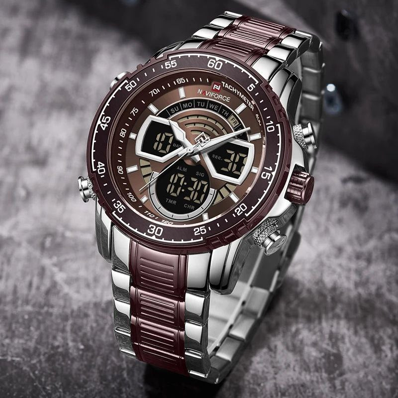 NAVIFORCE GENTS WATCH #NF 9189 ANALOGUE & DIGITAL DISPLAY LIGHT BUTTON WATER RESISTANT BATTERY POWERED SILVER-BLUE SILVER-COFFEE NAVIFORCE BRANDED BOX ENQUIRIES