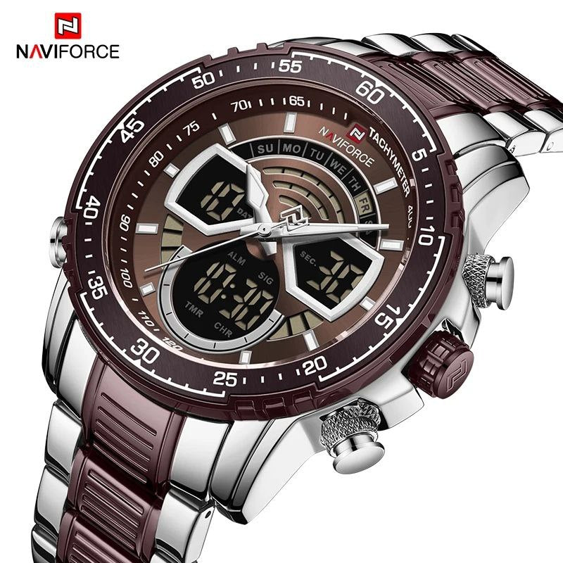 NAVIFORCE GENTS WATCH #NF 9189 ANALOGUE & DIGITAL DISPLAY LIGHT BUTTON WATER RESISTANT BATTERY POWERED SILVER-BLUE SILVER-COFFEE NAVIFORCE BRANDED BOX ENQUIRIES