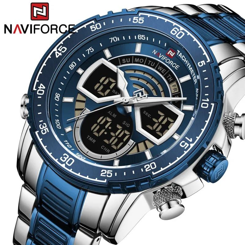 NAVIFORCE GENTS WATCH #NF 9189 ANALOGUE & DIGITAL DISPLAY LIGHT BUTTON WATER RESISTANT BATTERY POWERED SILVER-BLUE SILVER-COFFEE NAVIFORCE BRANDED BOX ENQUIRIES