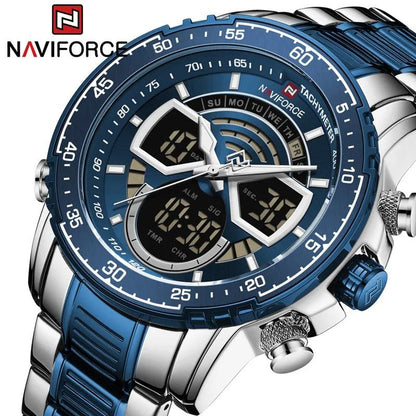 NAVIFORCE GENTS WATCH #NF 9189 ANALOGUE & DIGITAL DISPLAY LIGHT BUTTON WATER RESISTANT BATTERY POWERED SILVER-BLUE SILVER-COFFEE NAVIFORCE BRANDED BOX ENQUIRIES