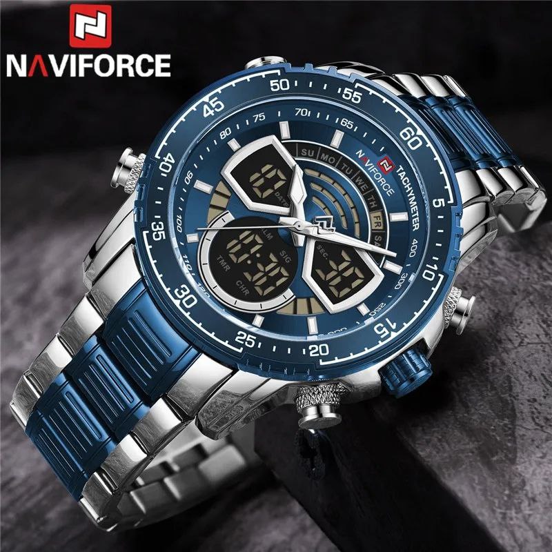 NAVIFORCE GENTS WATCH #NF 9189 ANALOGUE & DIGITAL DISPLAY LIGHT BUTTON WATER RESISTANT BATTERY POWERED SILVER-BLUE SILVER-COFFEE NAVIFORCE BRANDED BOX ENQUIRIES