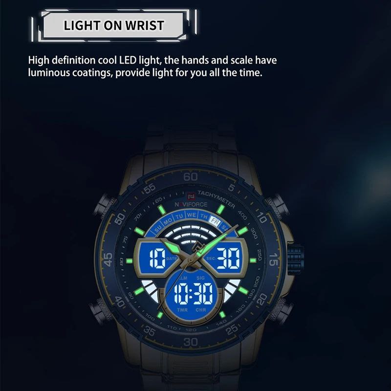 NAVIFORCE GENTS WATCH #NF 9189 ANALOGUE & DIGITAL DISPLAY LIGHT BUTTON WATER RESISTANT BATTERY POWERED SILVER-BLUE SILVER-COFFEE NAVIFORCE BRANDED BOX ENQUIRIES