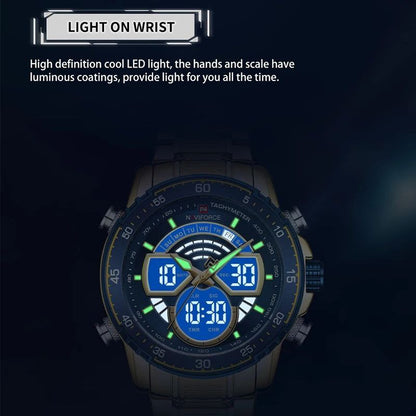 NAVIFORCE GENTS WATCH #NF 9189 ANALOGUE & DIGITAL DISPLAY LIGHT BUTTON WATER RESISTANT BATTERY POWERED SILVER-BLUE SILVER-COFFEE NAVIFORCE BRANDED BOX ENQUIRIES